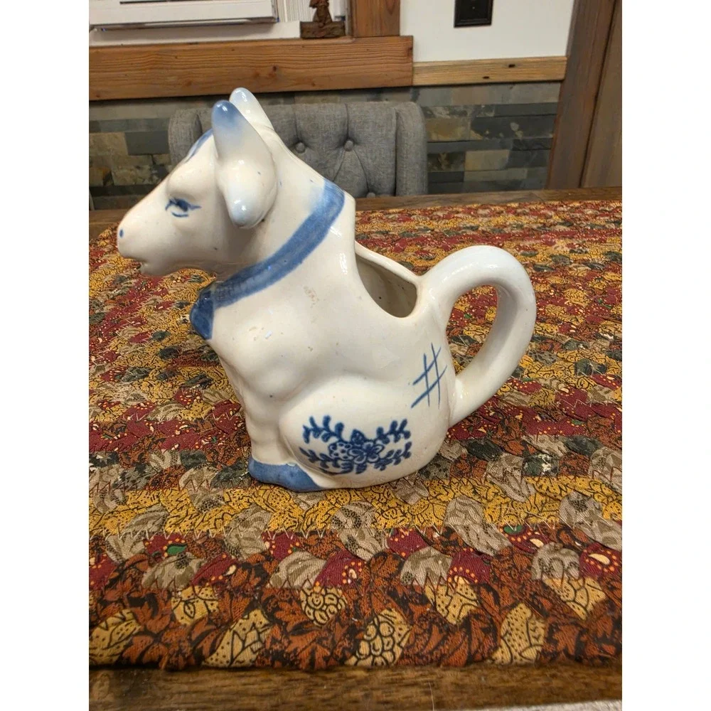 Vintage Blue and White Ceramic Cow Creamer Delft Style Farmhouse Pitcher 5 Inch